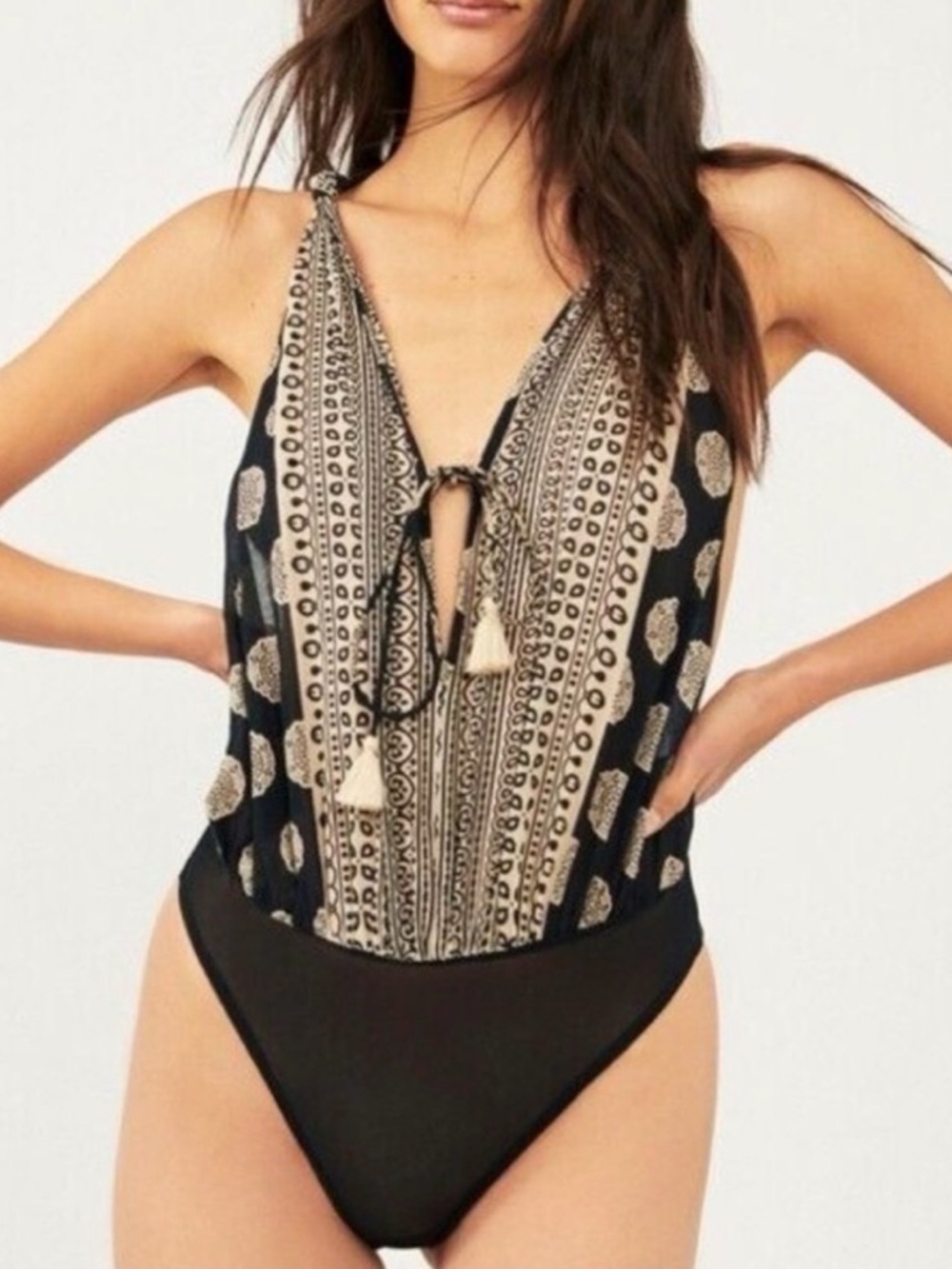 Free People Black Tan Medallion Print Tassel Lace Up Bodysuit SP Boho Western
